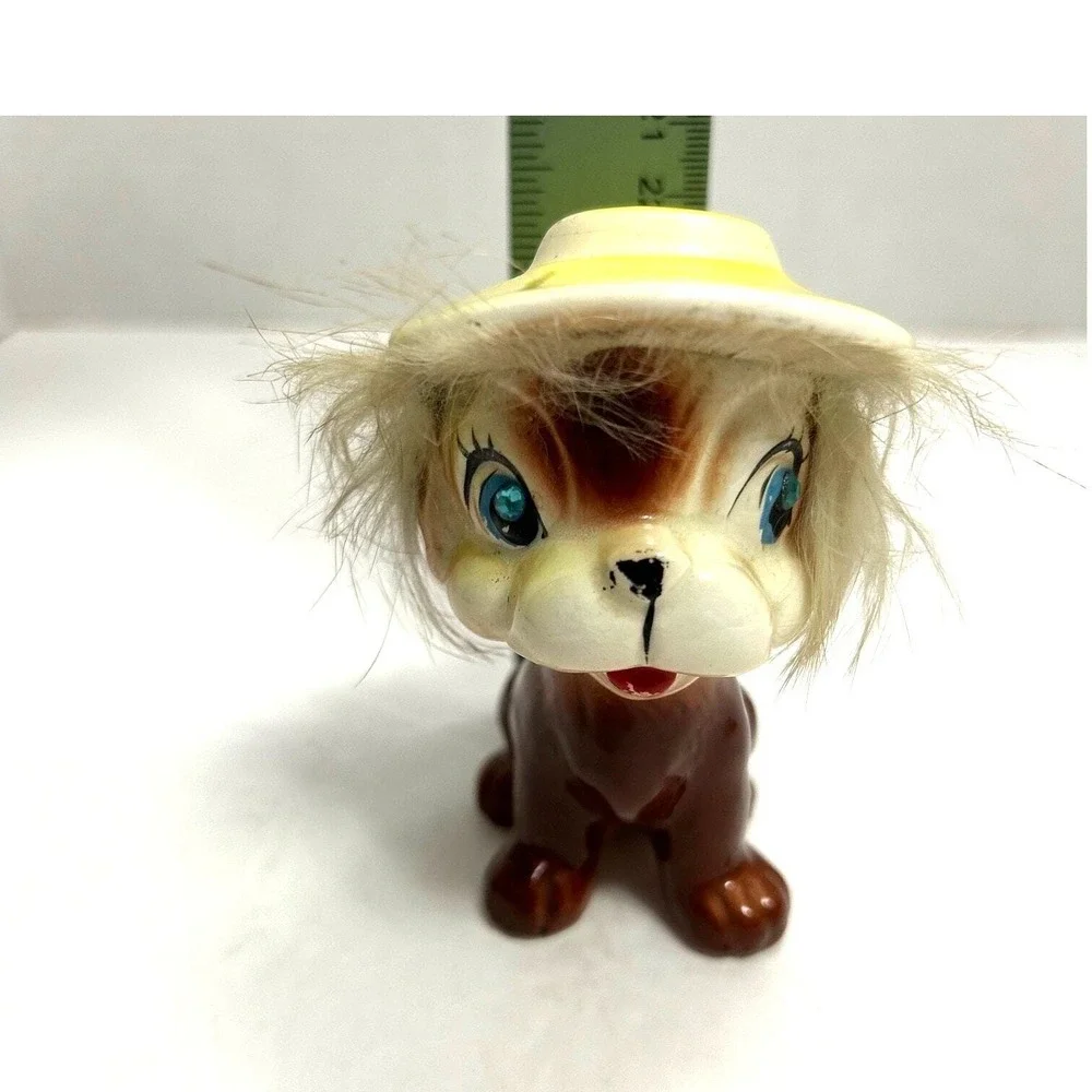Vintage Kriess Ceramic Puppy Dog With Yellow Hat and‎ Real Fur